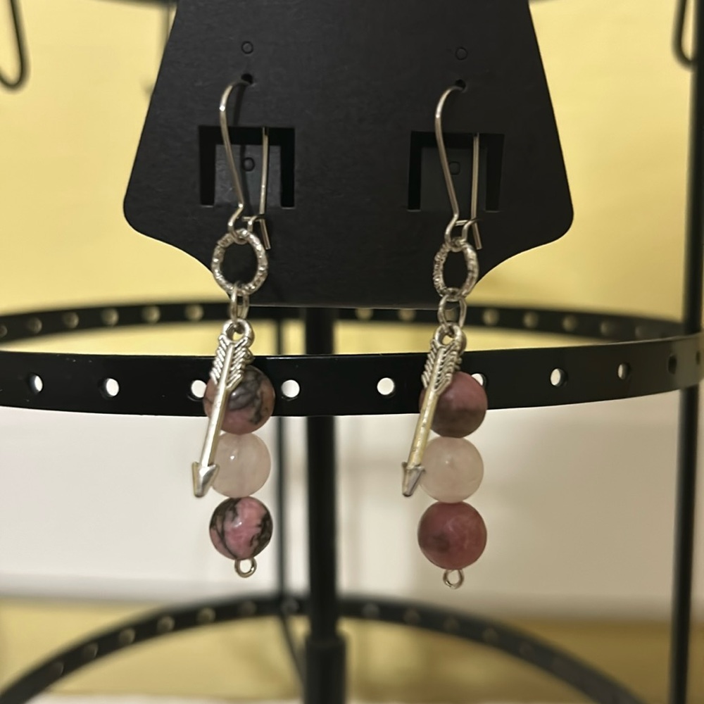 Stainless steel stone beaded dangle earrings with arrow charm. Nickel free. Boho